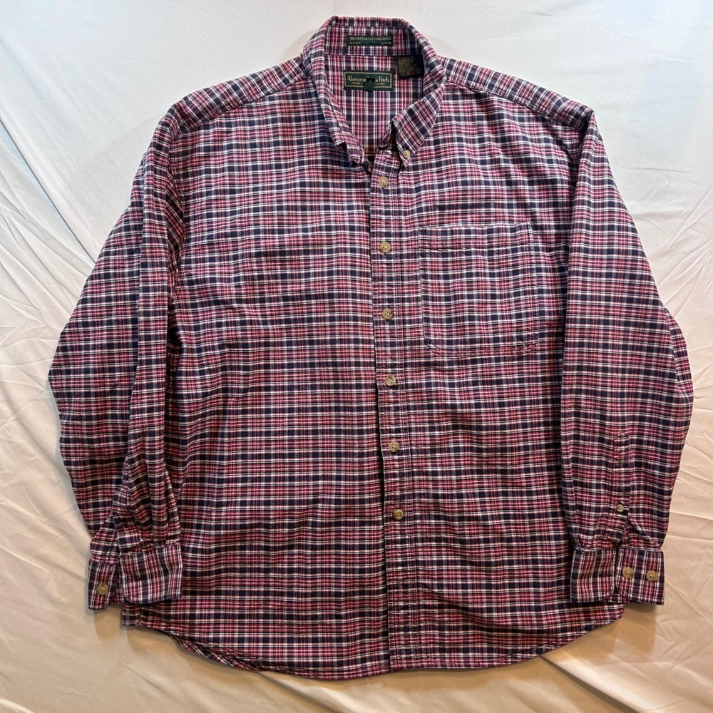Abercrombie & Fitch Mens Large Plaid Button Down Shirt Red Navy Blue Cotton